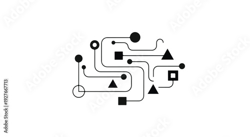 Dynamic network of geometric shapes and lines illustrating interconnected systems and complex technological flow