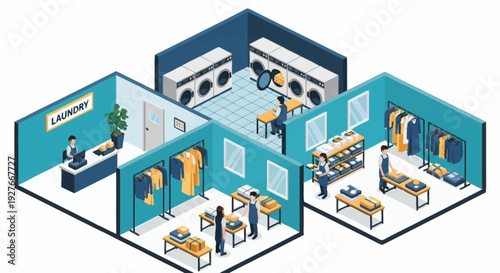 Isometric illustration of a modern office space with various workstations and meeting areas.