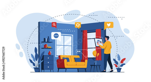 Digital lifestyle man interacting with smart home technology social media