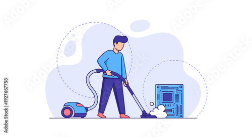 Man cleans a large blue circuit board with a vacuum cleaner symbolizing digital data hygiene and system optimization processes efficiently.