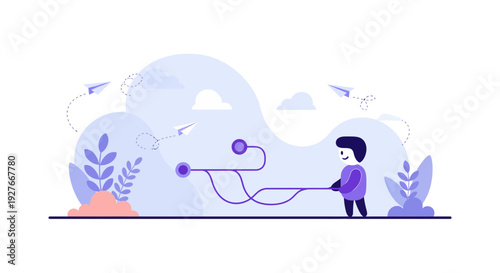 Person guiding connection string with paper airplanes communication flow