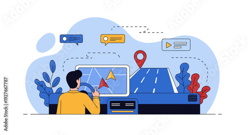 Driver following GPS navigation on screen modern interface journey planning