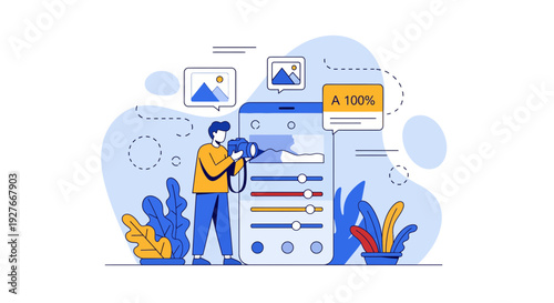 Man edits image via phone app sliders graphic setting tools digital art show work view