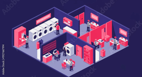 Isometric Exhibition Booth Layout with People and Display Stands.