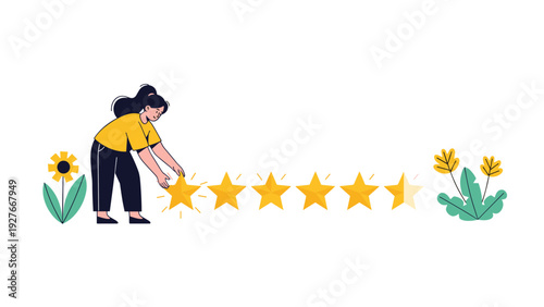 Young woman giving a positive five star rating by placing a bright yellow star in a row for customer satisfaction feedback.