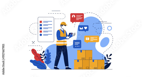 Delivery logistics and order management with worker using tablet illustration