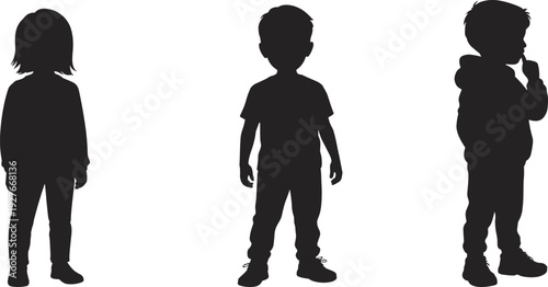 Silhouette collection of children standing in different poses, body language vector illustration, childhood posture design, educational art icons