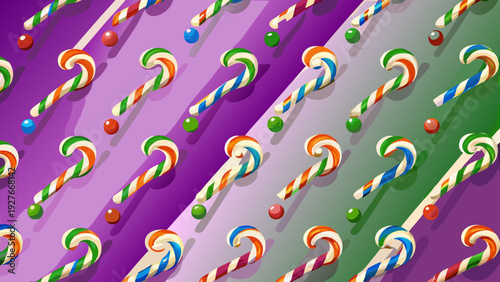 Vibrant candy background with striped sweets and colorful balls on purple pink gray and green diagonal stripes