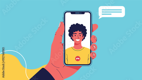 Close up of a hand holding a smartphone showing a video call with a smiling young man on the screen for communication.