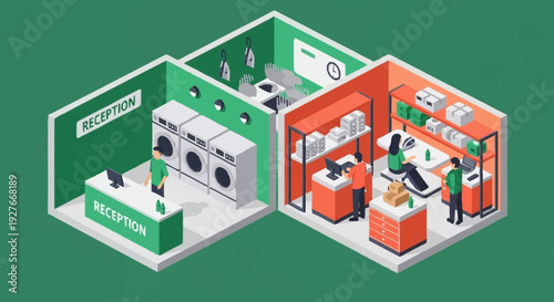 Isometric illustration of a trade show booth with reception and exhibition areas.