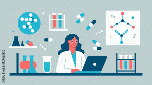 Female scientist working on laptop surrounded by laboratory equipment and molecular structures in a research setting