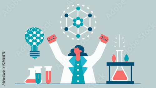 Scientist celebrating a breakthrough in a laboratory with various scientific equipment and symbols of discovery