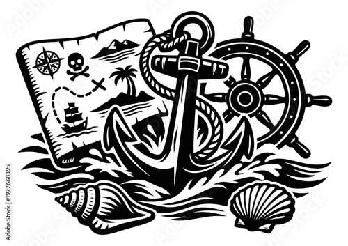 Line art nautical elements set featuring a treasure map, anchor, ship's wheel, and seashells for sea adventure design