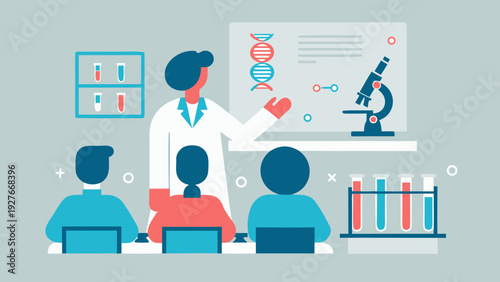 Stem education concept with teacher and students in classroom setting with dna and microscope