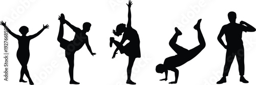Silhouette collection of dancers and gymnasts, dynamic poses, human movement vector illustration, flexibility art design, performance body posture icons