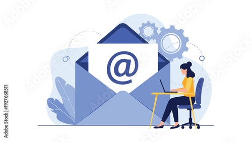 Woman working on her laptop in front of a giant blue envelope with an at symbol representing email communication systems.