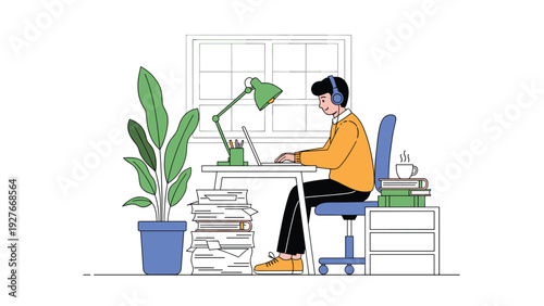 Productive male freelancer working on a laptop at a desk with plants and stacks of papers illustrating home office life.