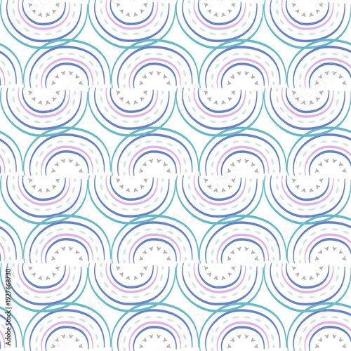 Modern seamless geometric pattern featuring layered circular lines in pastel shades. Perfect for textiles, wallpaper, stationery, branding, and elegant decorative projects.