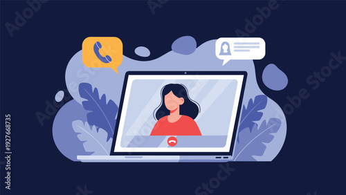 Laptop screen showing a video call with a female professional surrounded by decorative leaves and communication icons.