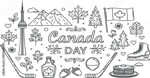 Canada Day Doodle Illustration with Maple Leaf, Canadian Flag, Hockey Sticks, CN Tower, Mountains and Traditional Symbols Vector Design