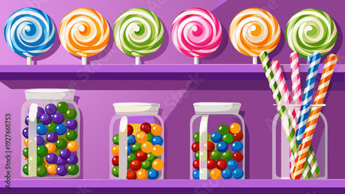 Colorful sweet shop display with lollipops and jars of candy on purple shelves sugary treats arrangement