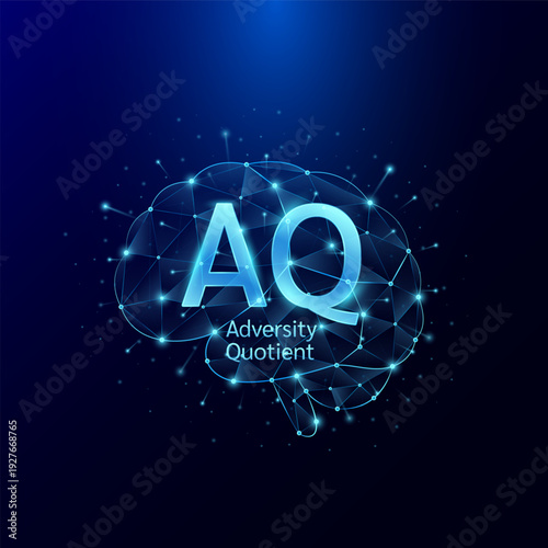 AQ Adversity Quotient symbol in brain human. Style polygon glowing blue on a dark background. Intelligence balance of child. Leadership development growth concept. Vector.