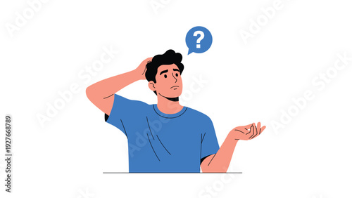 Puzzled young man scratching his head with a question mark bubble above him representing confusion or making a decision.