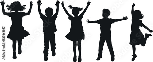 Group of happy children silhouettes jumping and playing together with arms raised in joy, celebrating childhood freedom and friendship on a white background