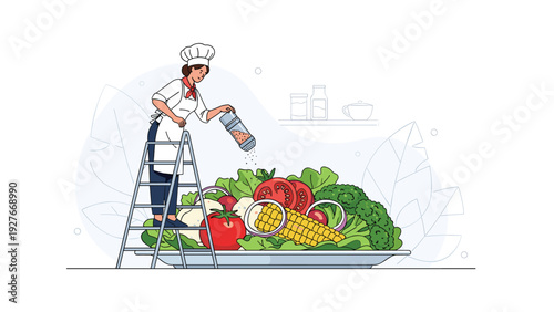 Professional female chef standing on a ladder while seasoning a massive plate of fresh garden vegetables with a large pepper grinder tool.