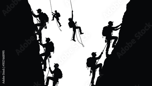 Silhouettes of climbers scaling cliffs with ropes and gear, teamwork and adventure illustration symbolizing perseverance, collaboration, outdoor challenge, and mountain climbing sports vector artwork