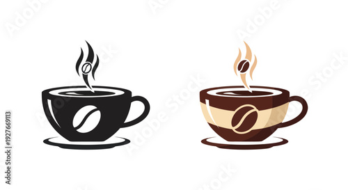 Hot Coffee Cup Icons: Black Silhouette and Color Design with Steam