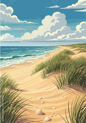 Vector illustration of tranquil beach with sandy dunes swaying grass and rolling ocean