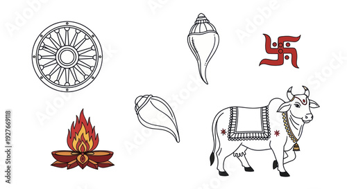 Hinduism Religious Symbols: Cow, Swastika, Dharma Wheel, Conch, Lamp