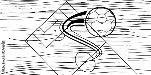 Black and white vector illustration of a soccer ball amidst a gray textured background with abstract lines. Simple yet dynamic design, ideal for soccer-related materials,