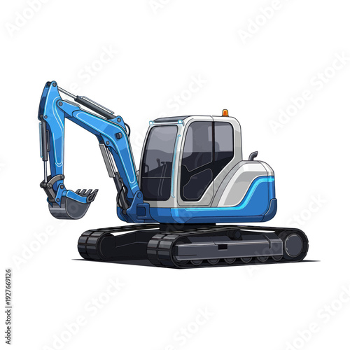 Modern blue and gray excavator with tracks on white background