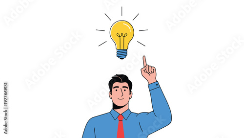 Businessman pointing upwards with a glowing yellow lightbulb over his head representing a brilliant new idea or creative solution to a problem.