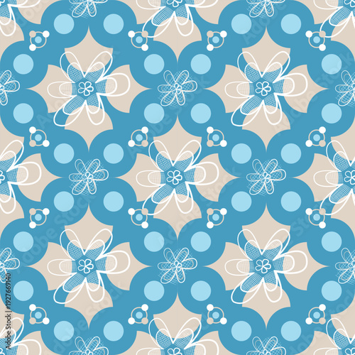 Seamless blue floral geometric pattern featuring stylized flowers and circular shapes. Ideal for textiles, wallpaper, packaging, home decor, and modern surface design projects.