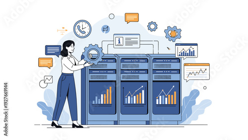 Female technician holding a mechanical gear while working in a server room surrounded by floating data analytics charts and business icons.