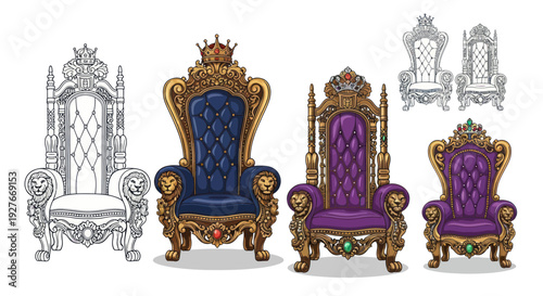 Ornate Royal Thrones with Lion Arms and Crowns - Collection