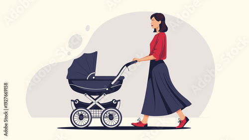 Elegant woman walking while pushing a modern black baby stroller on a neutral background to illustrate parenting and daily motherhood routines.