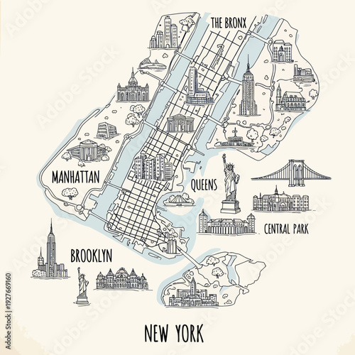 New York City illustrated map with landmarks, boroughs and skyline sketches