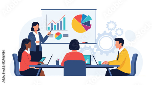 Professional business team attending a meeting while a female manager presents data analytics charts and graphs on a large office whiteboard.