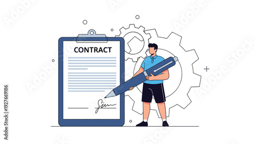 Young man holding a massive pen while standing next to a giant contract clipboard with gears and plus symbols to represent legal agreements.