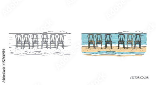 Row of Empty Chairs on Sandy Beach with Ocean Waves and Horizon