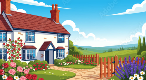 Vector illustration of charming white house with red roof amid blooming garden