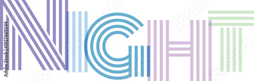 Night word art in cool blue and purple tones, geometric styling with concentric circles and stripes