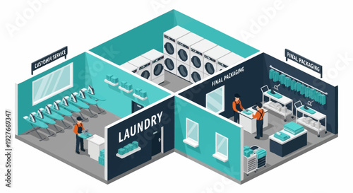 Isometric Laundry Room Interior with Modern Washing Machines and Clean Clothes.