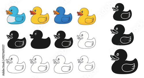 Cute Rubber Ducks Collection Isolated on White Background - Blue, Yellow, Black, White