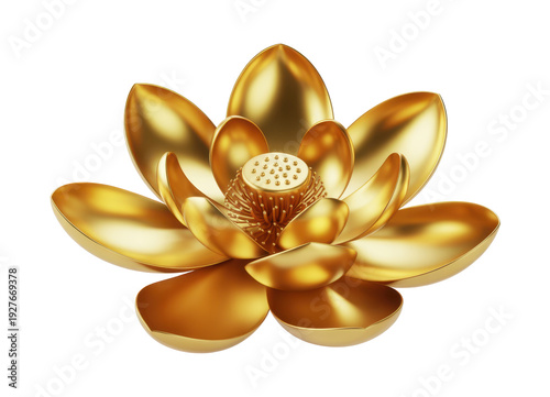 Golden lotus flower sculpture petals isolated on a transparent background