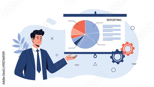 Confident businessman presenting a detailed colorful pie chart on a large projection screen for a professional reporting and analytics session.